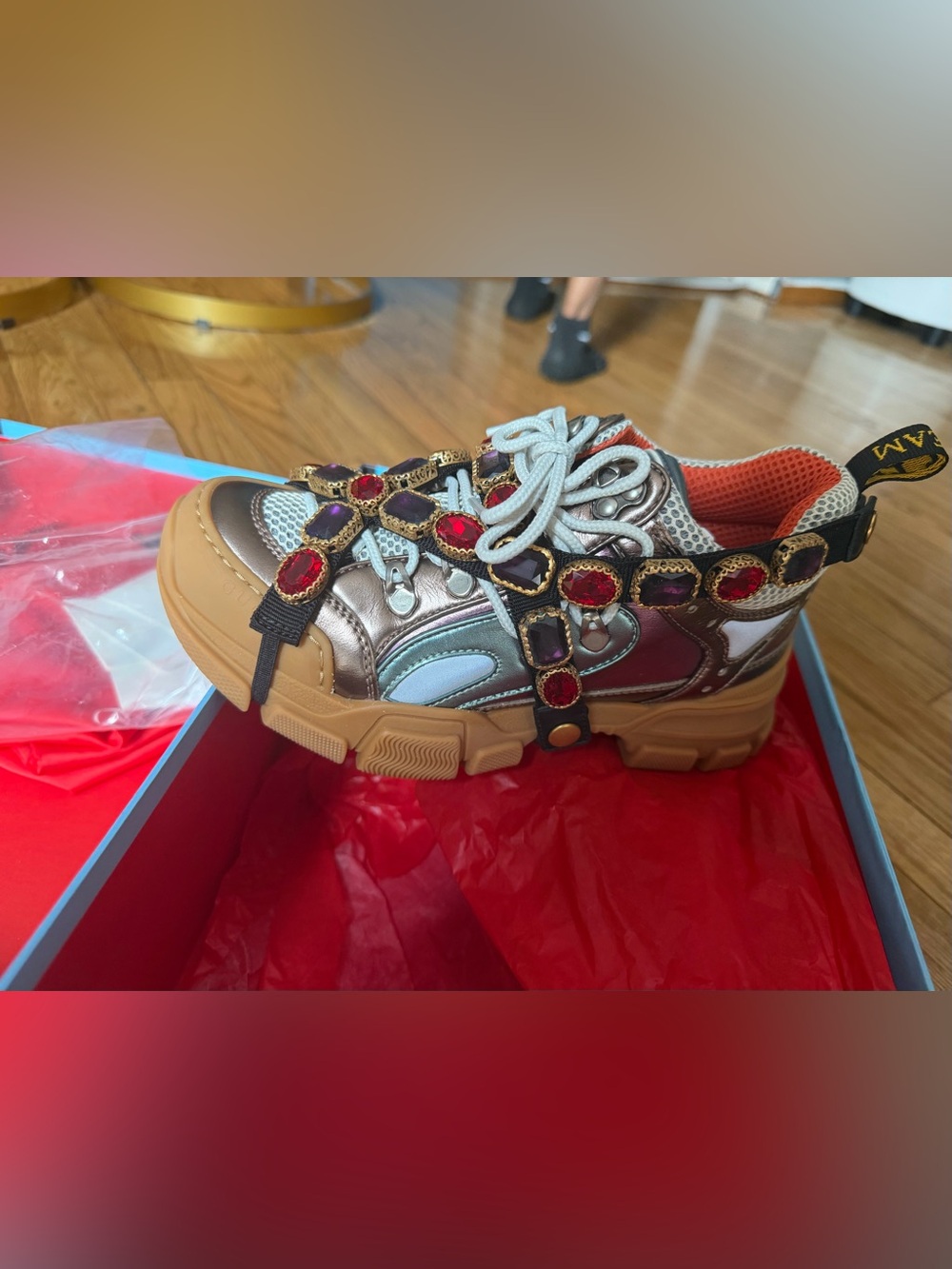 Gucci Metallic Silver and Red Gem-Embellished Chunky Sneaker